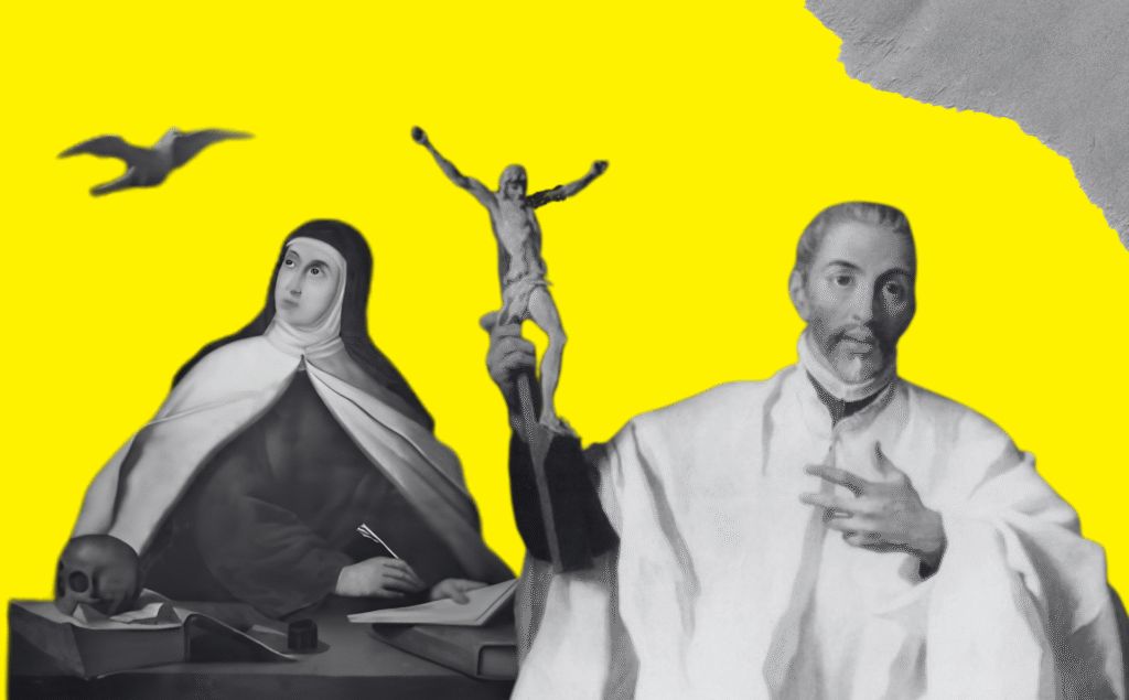 Diseño realizado a partir de las imágenes de santa Teresa (izquierda) y san Juan (derecha), extraídas ambas de Wikimedia Commons, y los elementos gráficos de Freepiks y Canva Pro (licencia CC).