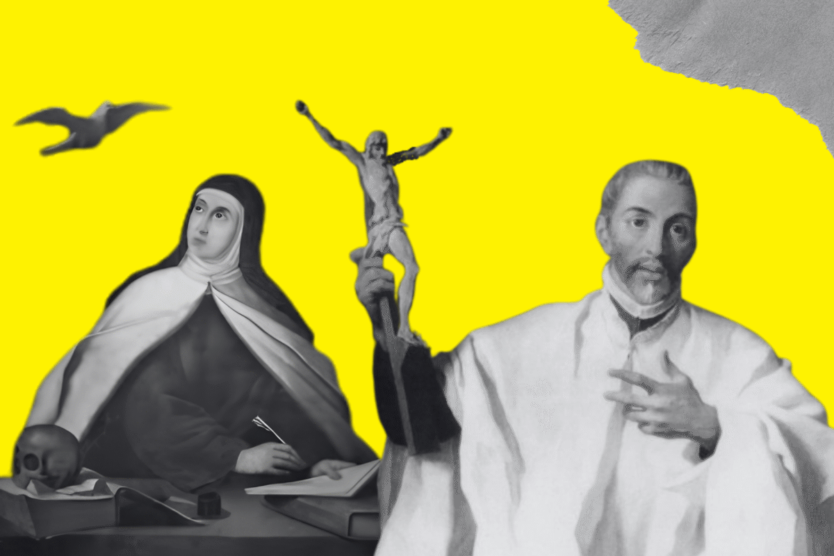Diseño realizado a partir de las imágenes de santa Teresa (izquierda) y san Juan (derecha), extraídas ambas de Wikimedia Commons, y los elementos gráficos de Freepiks y Canva Pro (licencia CC).