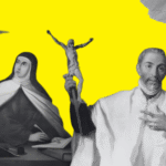 Diseño realizado a partir de las imágenes de santa Teresa (izquierda) y san Juan (derecha), extraídas ambas de Wikimedia Commons, y los elementos gráficos de Freepiks y Canva Pro (licencia CC).