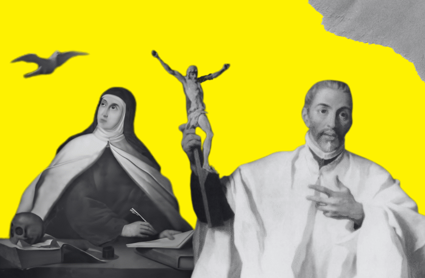 Diseño realizado a partir de las imágenes de santa Teresa (izquierda) y san Juan (derecha), extraídas ambas de Wikimedia Commons, y los elementos gráficos de Freepiks y Canva Pro (licencia CC).