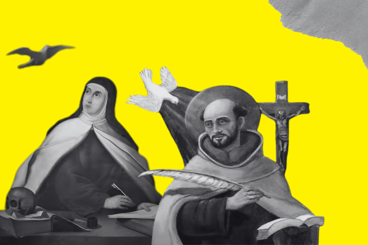 Diseño realizado a partir de las imágenes de santa Teresa (izquierda) y san Juan (derecha), extraídas ambas de Wikimedia Commons, y los elementos gráficos de Freepiks y Canva Pro (licencia CC).