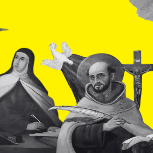 Diseño realizado a partir de las imágenes de santa Teresa (izquierda) y san Juan (derecha), extraídas ambas de Wikimedia Commons, y los elementos gráficos de Freepiks y Canva Pro (licencia CC).