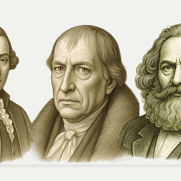 Diseño realizado con herramientas de Canva Pro a partir de ilustración de Kant (izda.) realizada por Núria Oliveres; imagen de Hegel (centro) de Wikimedia Commons de dominio público; y de Marx, a partir del vector extraído de FreeSVG.org, de dominio público (licencia CC0).