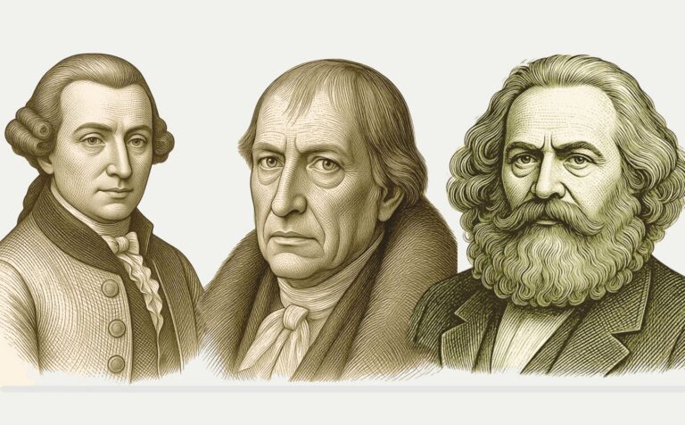 Página de Inicio 2025 Diseño realizado con herramientas de Canva Pro a partir de ilustración de Kant (izda.) realizada por Núria Oliveres; imagen de Hegel (centro) de Wikimedia Commons de dominio público; y de Marx, a partir del vector extraído de FreeSVG.org, de dominio público (licencia CC0).