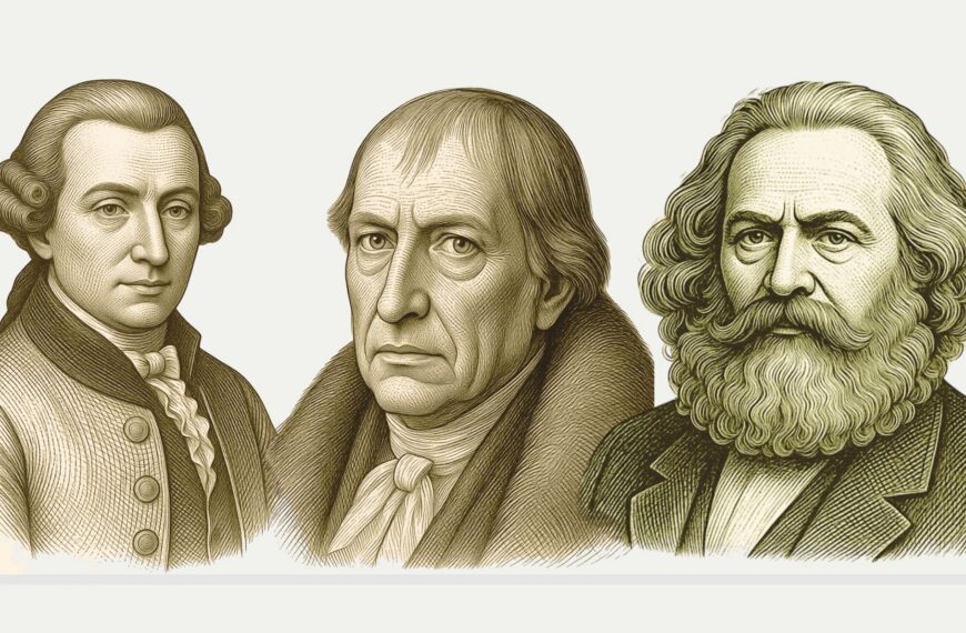 Diseño realizado con herramientas de Canva Pro a partir de ilustración de Kant (izda.) realizada por Núria Oliveres; imagen de Hegel (centro) de Wikimedia Commons de dominio público; y de Marx, a partir del vector extraído de FreeSVG.org, de dominio público (licencia CC0).