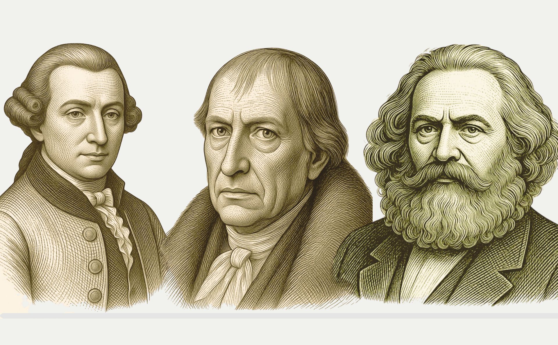 DiseÃ±o realizado con herramientas de Canva Pro a partir de ilustraciÃ³n de Kant (izda.) realizada por NÃºria Oliveres; imagen de Hegel (centro) de Wikimedia Commons de dominio pÃºblico; y de Marx, a partir del vector extraÃ­do de FreeSVG.org, de dominio pÃºblico (licencia CC0).