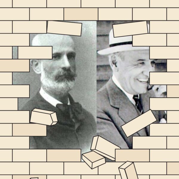Diseño hecho con foto de Giner de los Ríos (izda., picryl, de dominio público) y Ortega y Gasset (dcha., en los años 20 del siglo pasado extraída de la Gran enciclopedia noruega, de dominio público), ambos representantes de la filosofía española.