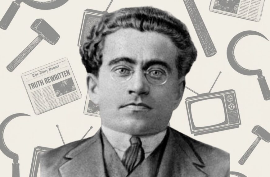 Antonio Gramsci se ha convertido en una figura fundamental para entender los siglos XX y XXI. En este artículo profundizamos en quién fue realmente. Diseño a partir de imagen de Gramsci de dominio público, extraída de Wikimedia Commons y fondo hecho con la IA de Canva Pro.