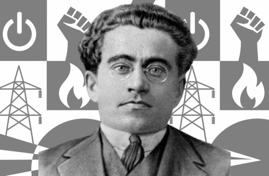 Descubriendo a Antonio Gramsci La hegemonía es un concepto clave en Gramsci, uno que atraviesa el grueso de su pensamiento. Diseño a partir de imagen de Gramsci de dominio público extraída de Wikimedia Commons y fondo hecho con la IA de Canva Pro.