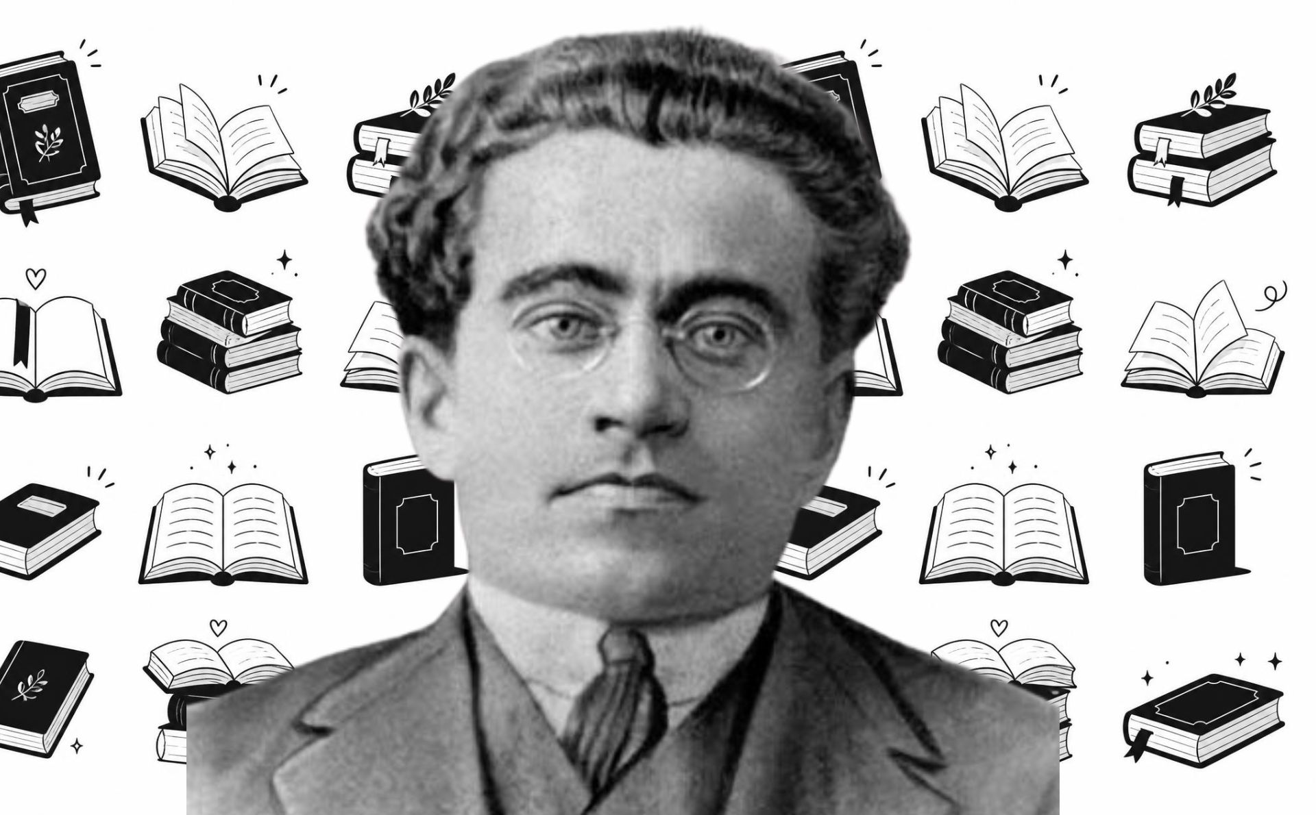 En este diccionario, abordamos los principales conceptos para entender el pensamiento de Gramsci. Diseño a partir de imagen de Gramsci de dominio público, extraÃda de Wikimedia Commons y fondo hecho con la IA de Canva Pro.