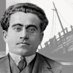 La cuestión de la hegemonía constituye una verdadera política molecular en el pensamiento de Gramsci. Diseño a partir de imagen de Gramsci de dominio público, extraída de Wikimedia Commons y fondo hecho con la IA de Canva Pro.