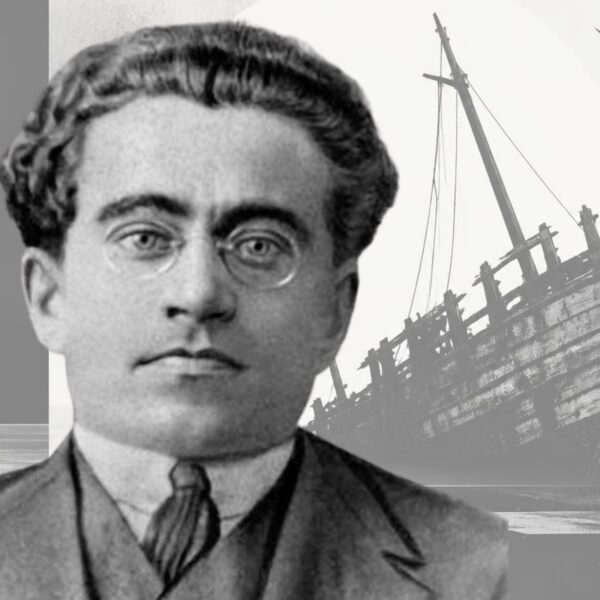 La cuestión de la hegemonía constituye una verdadera política molecular en el pensamiento de Gramsci. Diseño a partir de imagen de Gramsci de dominio público, extraída de Wikimedia Commons y fondo hecho con la IA de Canva Pro.