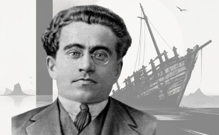 La cuestión de la hegemonía constituye una verdadera política molecular en el pensamiento de Gramsci. Diseño a partir de imagen de Gramsci de dominio público, extraída de Wikimedia Commons y fondo hecho con la IA de Canva Pro.