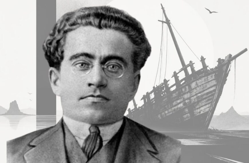 La cuestión de la hegemonía constituye una verdadera política molecular en el pensamiento de Gramsci. Diseño a partir de imagen de Gramsci de dominio público, extraída de Wikimedia Commons y fondo hecho con la IA de Canva Pro.