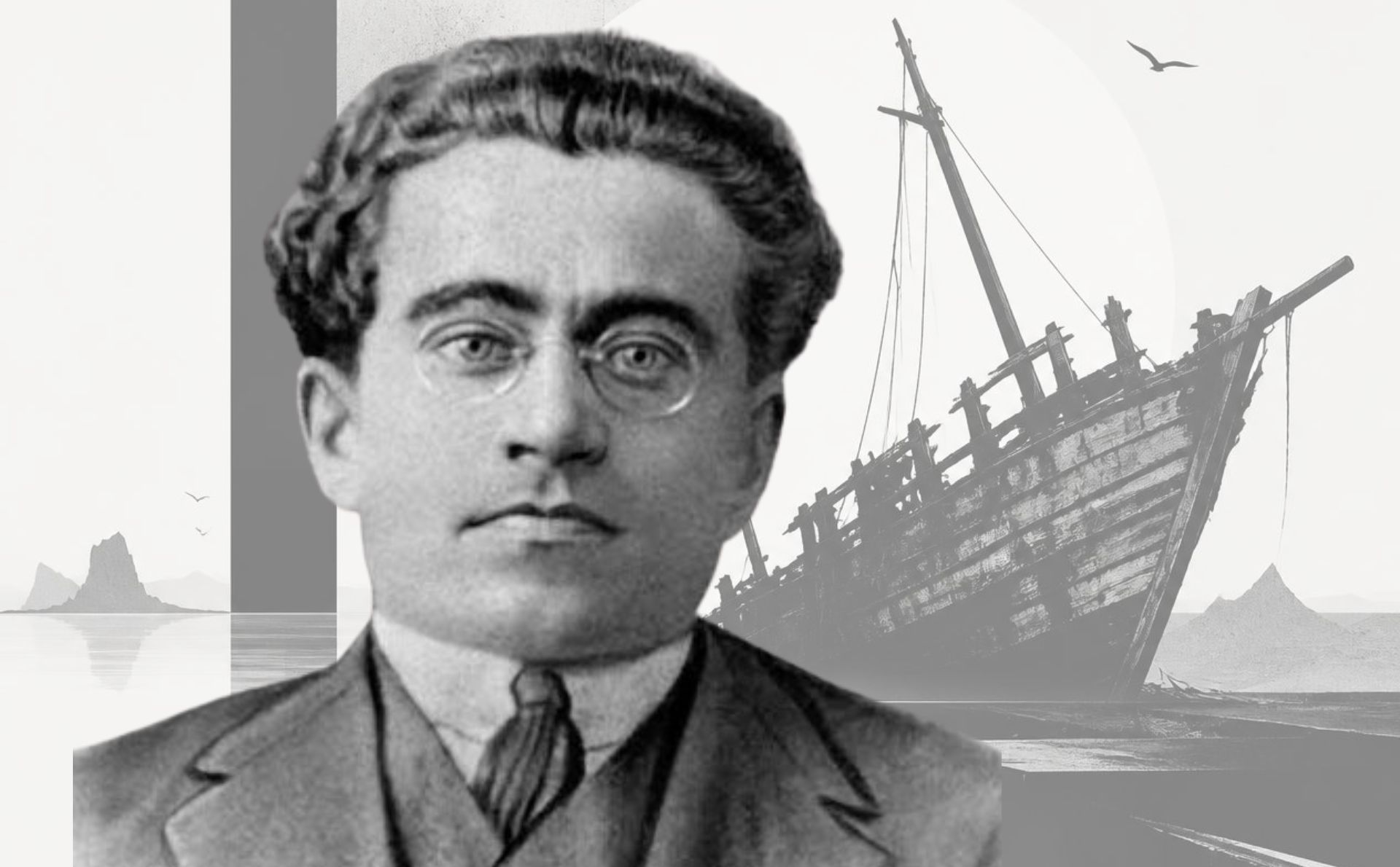 La cuestión de la hegemonÃa constituye una verdadera polÃtica molecular en el pensamiento de Gramsci. Diseño a partir de imagen de Gramsci de dominio público, extraÃda de Wikimedia Commons y fondo hecho con la IA de Canva Pro.